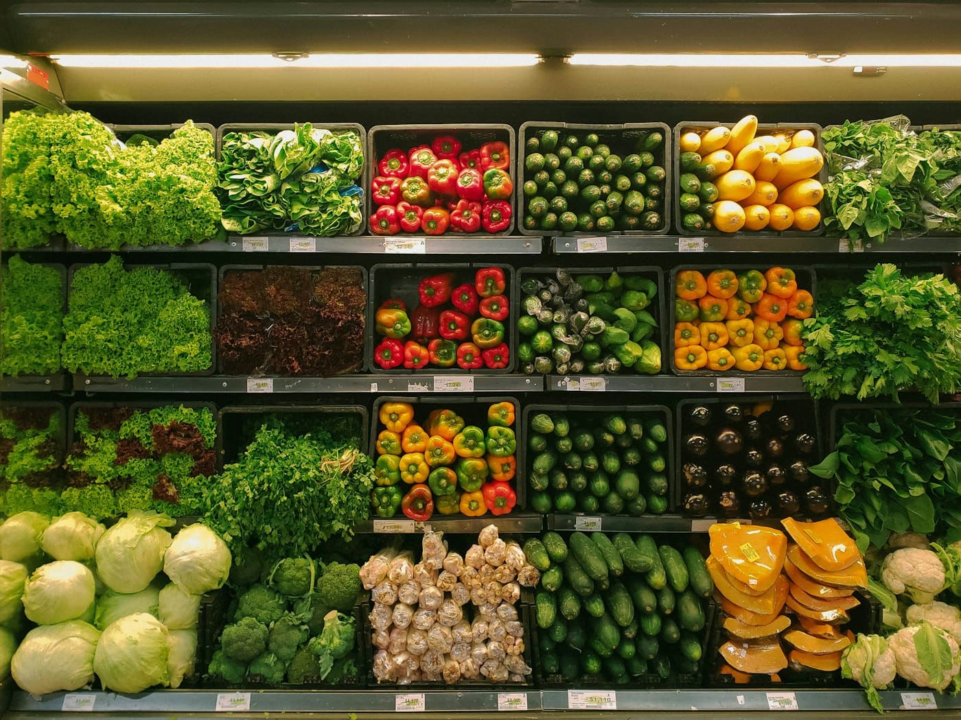 Fresh vegetables and produce on refrigerated retail shelves